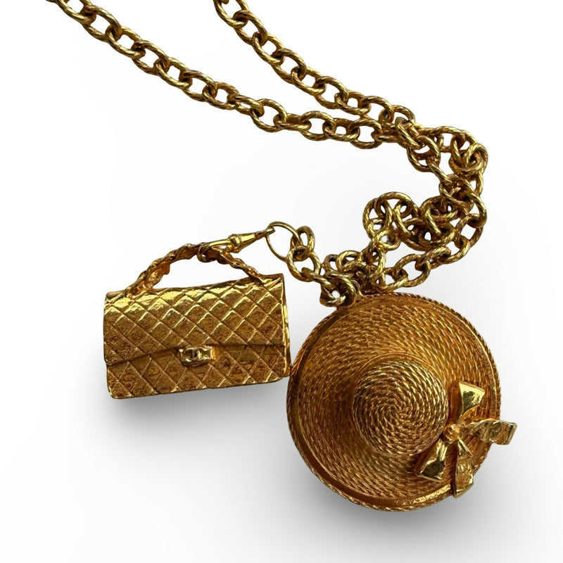 Chanel Vintage Classic Flap and Straw Hat Necklace 24k Gold-Plated